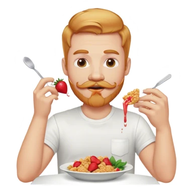 White man with strawberry blonde hair, light beard, and mustache wearing white t shirt eating Chinese food very happily sticker