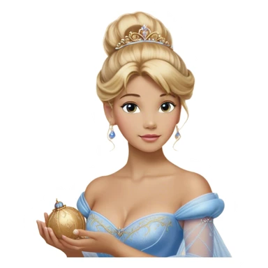 Cinematic Realistic Cinderella Portrait, depicted with lifelike skin texture, subtle rosy undertones, and soft natural lighting that enhances the gentle contours of her face. Her intricately detailed golden blonde hair is elegantly styled in an updo, with delicate wisps framing her face for added realism. Her deep, expressive blue eyes radiate warmth and sincerity, reflecting a quiet resilience and grace. She is dressed in her iconic ball gown, the fabric shimmering with intricate embroidery and fine translucent layers that catch the light beautifully. The soft sheen of satin gloves and the delicate sparkle of a glass-like slipper peeking from beneath her dress add a touch of magical realism. The portrait features an enchanting glow with a natural, luminous finish, seamlessly blending realism and fairytale charm to evoke a sense of depth, elegance, and timeless beauty. sticker