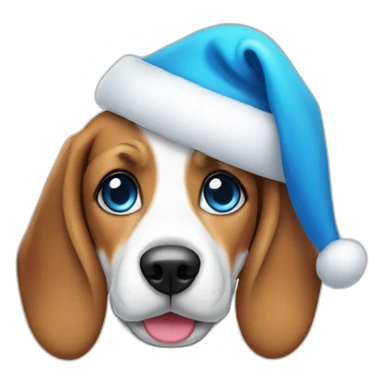 A cute beagle with very bright blue eyes wearing a santa hat sticker