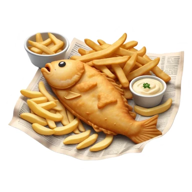 Fish and Chips Cinematic Realistic Fish and Chips Dish Emoji, depicted as a crispy battered fish fillet and golden chips served in traditional newspaper wrapping, rendered with lifelike textures and warm natural lighting that captures its iconic British street food charm  . sticker