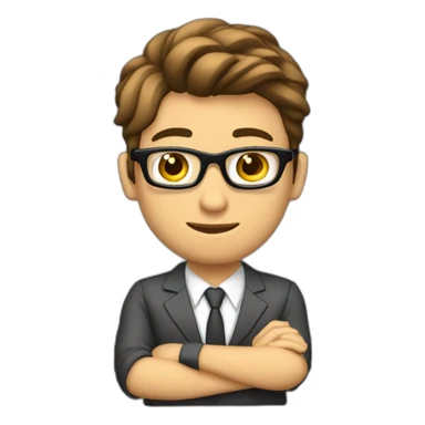 Un joven hermoso moreno claro con lentes traje sentado en un butacon frente a una computadora en  sticker