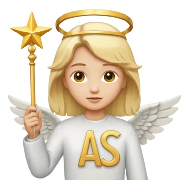 "Um emoji de anjo com cabelos loiros, um halo, asas, segurando um sinal de 'compartilhar' em letras em negrito." sticker