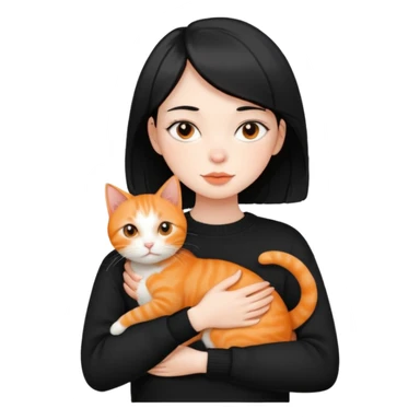 A beautiful girl with short black hair in a black sweater holds a orange cat in her arms sticker