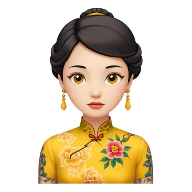 ancient woman with tatooed on neck and yellow cheongsam sticker