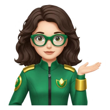 green power ranger, white Australian female with fair skin, dark long brown wavy hair with side parting, glasses, thinking pose, gentle smile sticker
