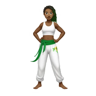 capoeira genie wearing tank top and white capoeira pants with green capoeira belt sticker
