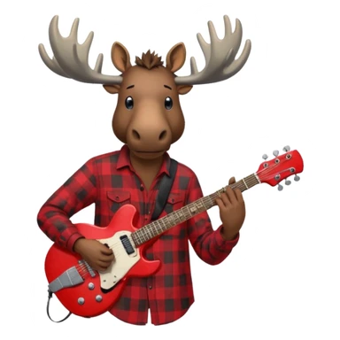  A man with the head of a moose playing a red electric guitar in Alaska. Give him a dark vibe and an attitude sticker