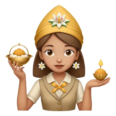 create an image similar to an emoji of a pinni / laddoo as an assamese girl navigating using a compass. She also has a lily on her head. Do not make her very human sticker