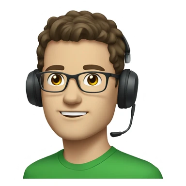 white young man with blue eyes and dark brown hair and square glasses wearing green t-shirt with headset sticker