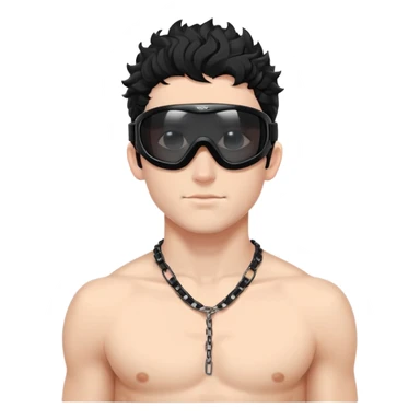 shirtless male athlete with white skin and moderately curly black hair on top with shaved sides, wearing black ski goggles with very dark heavily tinted black lenses that completely hide the eyes, and a simple plain black chain necklace, no earrings sticker