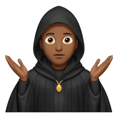 Black man wearing a long black robe with a tall pointed hood, face fully covered except for two small eye holes, standing confidently with hands gesturing in conversation. sticker