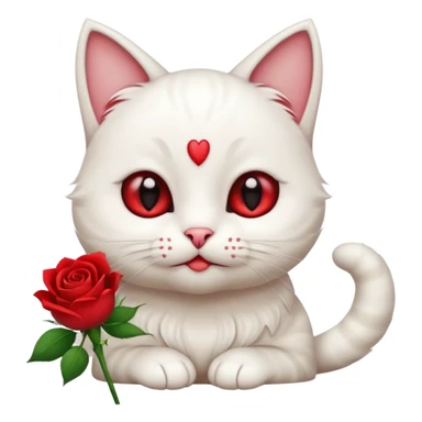 Cute emoji-style white cat holding a red rose in its mouth, big round eyes with visible white sclera, smaller pupils, soft warm brown irises, fluffy fur, clean mascot style, gentle cute expression, centered, transparent background, 1:1 ratio. sticker