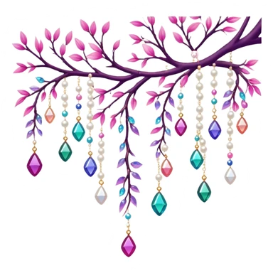 Exotic colorful romantic Few cute tiny Iridescent glistening glossy sparkly shiny glittery hanging crystals pearls and beads and gemstones scenery scenic decorations with branches and flowers sticker