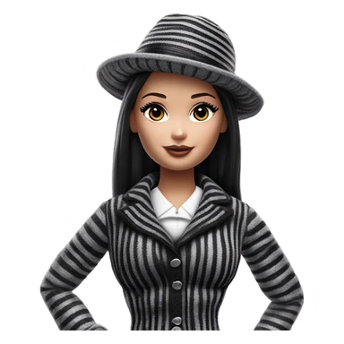 Bouclé Beauty Lingerie Barbie, Wednesday Addams from academy, in dark-gray and black striped outfit with hat. sticker