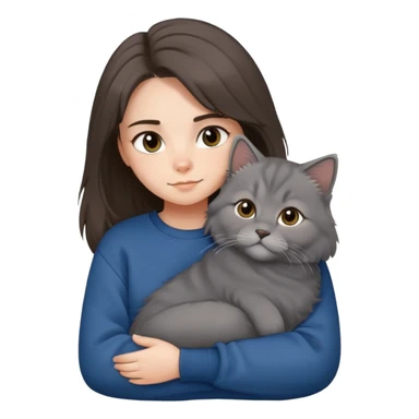 Brunette girl with dark blue sweatshirt snuggling a fluffy grey Siberian cat sticker
