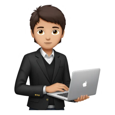 a tan boy with messy dark brown hair. Wearing a blazer and carrying a lapotop. watch on wrist sticker