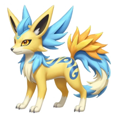 Feral Lightning-patterned Zig-zagged buzzy fuzzy Meloetta-Renamon-Zeraora-Luxray-Cobalion-Suicune-Vernid-fusion-hybrid-creature, full body  sticker