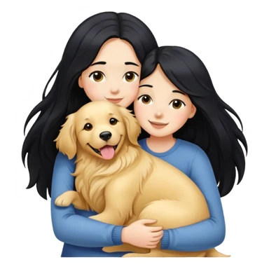 A girl with long black  hair tightly hugged a Golden Retriever sticker