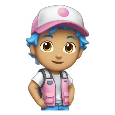 I want a drawing of a boy with a pokemon hat, blue hair, light skin tone, a white t-shirt with a blue pokemon vest and lead-colored shorts and white shoes with pink laces. sticker