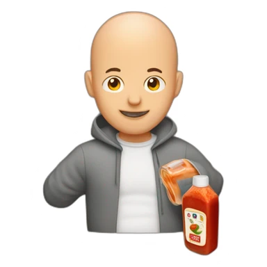 a bald guy hugging a spicy sauce bottle sticker