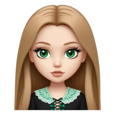 pretty bratz girl, long straight light brown hair, jade green eyes, black eyeliner, pale skin, dark feminine clothes with laces sticker