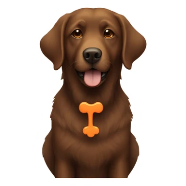 Brown fluffy lab with a orange dog shaped bone in mouth sticker