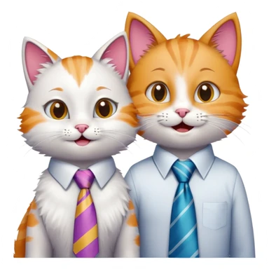 happy girl cat with eyelashes wearing a colorful necktie and happy boy cat wearing a professional necktie standing together side by side, both with cheerful expressions sticker
