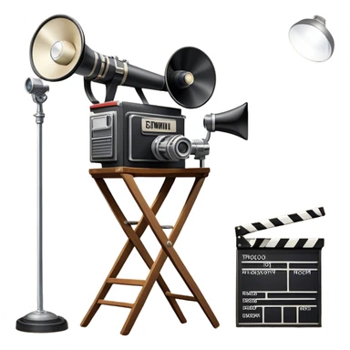 Icon for Directing: a director's chair, a film clapperboard, large movie camera, vintage megaphone and a stage with a spotlight. The icon should represent the creative and organizational aspects of directing, with focus on storytelling, staging, and performance. Transparent background. sticker