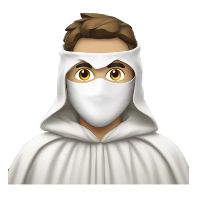 Man wearing white cloak and white mask with a point at the top sticker