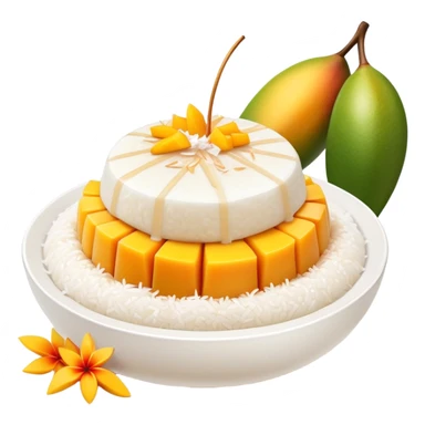 cinematic-realistic-mango-sticky-rice-dessert-emoji,-showcasing-sweet-sticky-rice out of a mould-paired-with-ripe-mango-slices-and-coconut-milk-rendered-with-lifelike-detail-and-warm,-inviting-lighting with the coconut  milk over the rice sticker