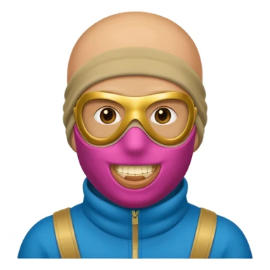 A bald guy wearing a ski mask with gold teeth sticker