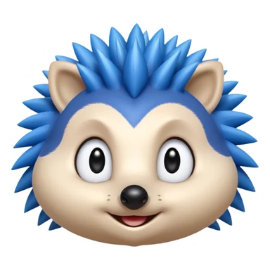blue hedgehog emoji with long forward-facing quill spikes, smooth rounded face, large oval eyes with black pupils, small black nose, thin confident smile, 3D Apple emoji style, 1:1, clean shading, cute but energetic expression
 sticker