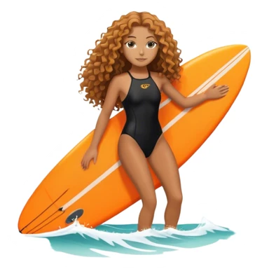 Surfer girl with black swimsuit and orange surfboard and long curly hair sticker