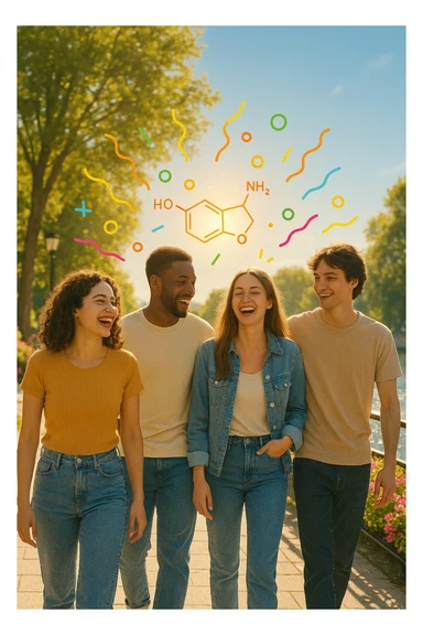 a group of friends strolls along a riverside promenade on a bright, sunny day. Their expressions are joyful and relaxed, and the sunlight creates a warm, golden glow. Above them, faint, colorful lines or icons represent the release of beneficial dopamine. The background is vibrant and full of life. sticker