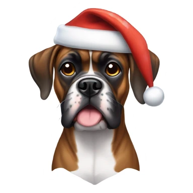 Brindle Boxer dog wearing a Santa hat sticker