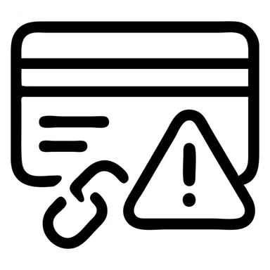 Slack emoji icon for marking a transaction where a payment vendor is down, showing a credit card or payment terminal with a warning sign (exclamation mark in a triangle) or a broken link symbol, bold, simple, readable at small size sticker