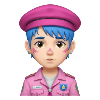 scout boy with very pink scout uniform, blue haired and hat, heavy face attoed sticker