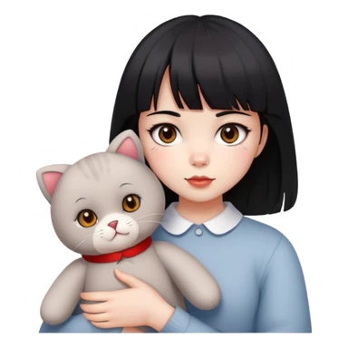  A girl with black eyes, red cheeks, black hair with straight bangs, and white face is holding a British gray cat and a brown teddy bear  sticker