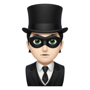 A man with white skin, a black half mask with an eye hole, a black top hat, a black vest with a black tie tucked underneath, and a white collared shirt sticker