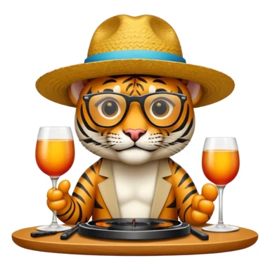Un tigre con sombrero estilo cubano, una mesa de dj y gafas de sol sticker