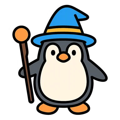 penguin wizard with a staff and wizard hat, color outline icon sticker