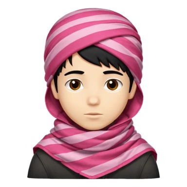 Emoji de un chico con turbante árabe que el chico sea de color piel clara y que tenga cabello negro y de fondo blanco y que tenga un pañuelo árabe de color rojo y con rayas rosas sticker