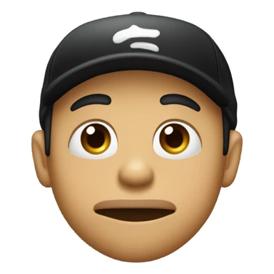 lip bite, squinting eyes, raised eyebrows, rubbing hands together, black cap sticker