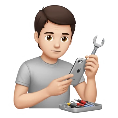 make a white guy with dark brown hair, with a simple white o grey shirt, repairing an iphone, un tecnico sticker