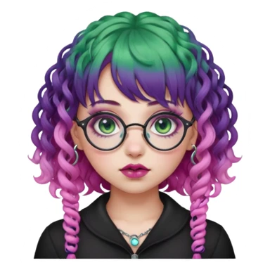. Gothic girl with pink to violet ombré ringlet curly hair, bangs round glasses, septum piercing, nostril piercing, almond eyes, blueish green eyes,heavy eyeliner,  sticker