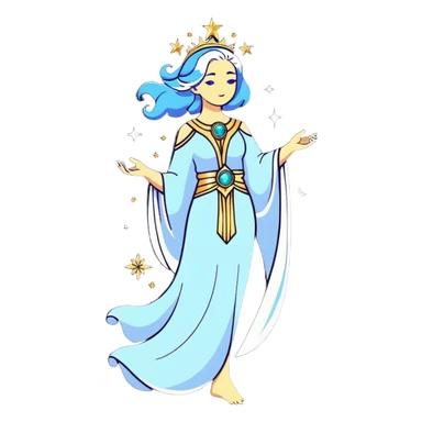 fullbody universe goddess Sophia, Ethereal Light Being, Made of starlight and fractals, Glowing white/gold skin with flowing translucent robes, Hair blue like galaxy mist, Jewelry made of stars and crystals sticker