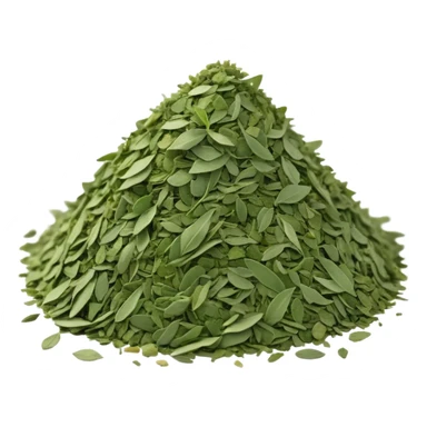 loose airy pile of dried green herb flakes, finely crumbled, slightly dusty uneven texture, color ranging from sage to dark green, no extras, apple emoji style, soft lighting, subtle shadows, emoji scale sticker