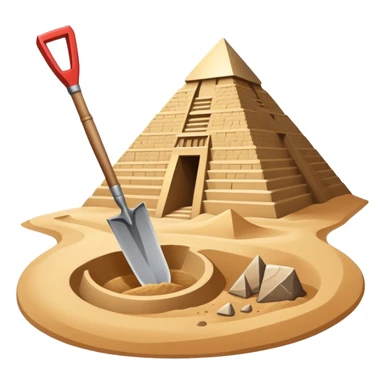 An icon showing archaeological tools like a trowel, brush, and pickaxe placed on sandy ground, with an Egyptian pyramid in the background. The design symbolizes excavation and discovery of ancient history, blending tools and iconic landmarks. Transparent background. sticker