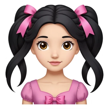 Beautiful girl with long black hair in a half-up half-down hairstyle with pink ribbon tying the top half, waves at the ends, brown eyes, light skin, slight smile, and pink dress sticker