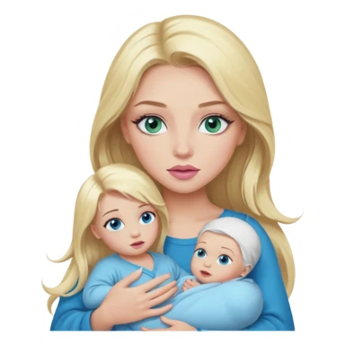 Blonde baddie with long hair Pretty makeup long lashes blue-green eyes ,   light pink lips holding baby Boy with blue eyes sticker